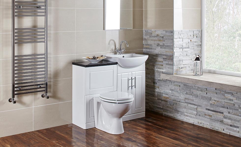 Frontline Bathrooms’ traditional floor-standing Aquachic bathroom furniture in high gloss white.