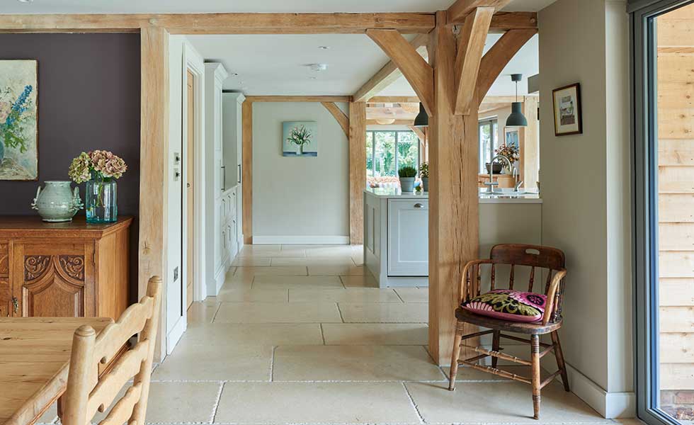 View of kitchen and dining area in oak frame self build