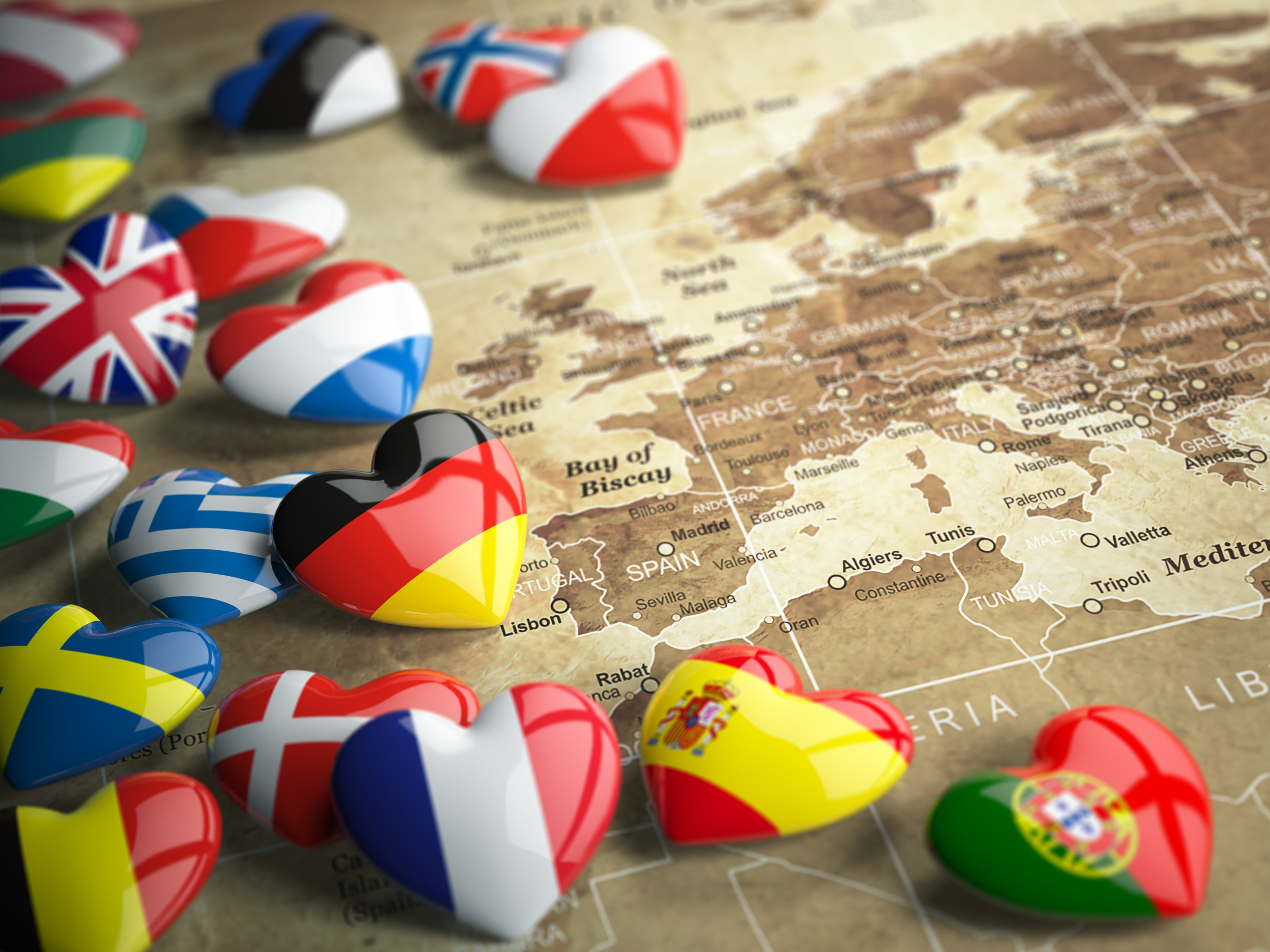 Map, Europe, hearts, flags, european countries.