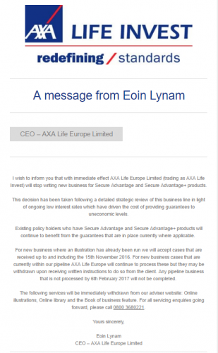 Axa's email to advisers announcing it was scrapping capital guarantee products