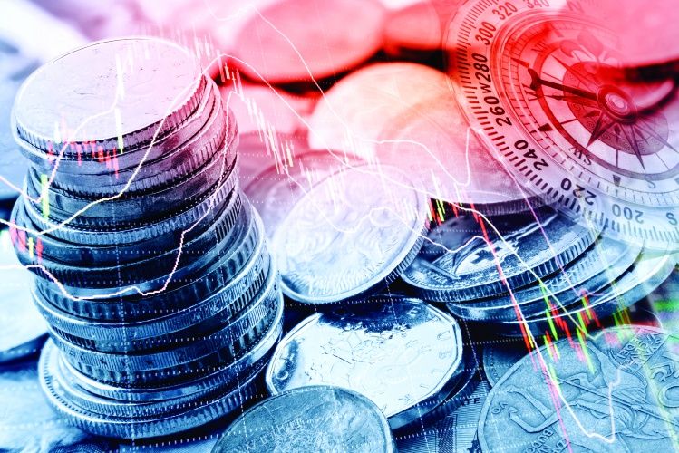 Pile and a stack of coins with technical chart of financial instruments. A concept about currency trading or investing which investors must analyse and make the right decision for optimal profits.