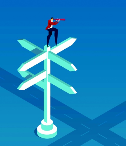 The businessman stood on the road sign and watched the telescope