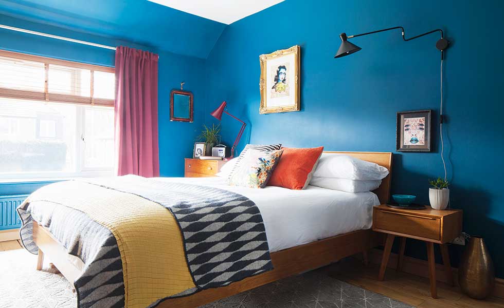 blue-bedroom-with-valspar-midtown-magic-paint-and-midcentury-style-bed