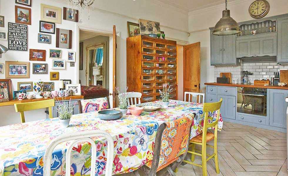 colourfull patterned table cloth in a kitchen