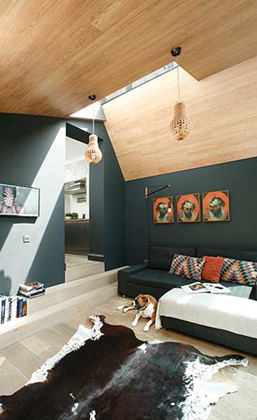 dark blue living room with wooden ceiling
