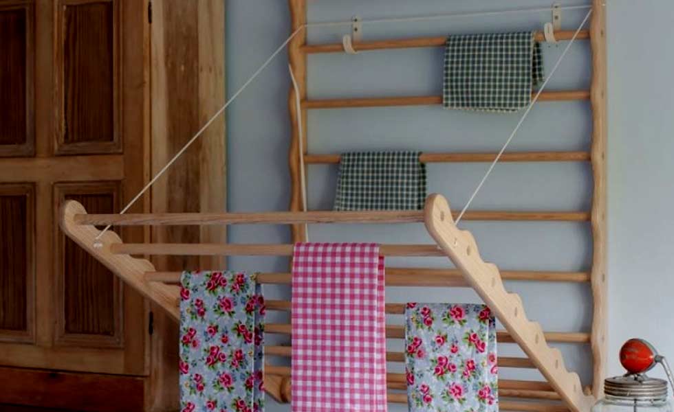 Julu laundry ladder gingham print tea towel pine