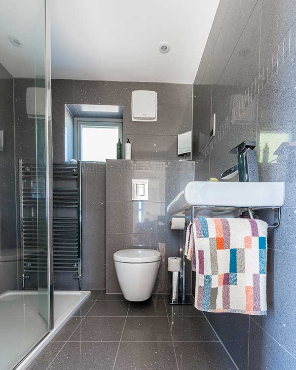 Black bathroom in a contemporary annexe