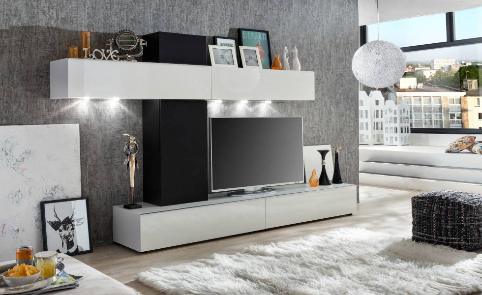 he Bremen Living Room Wall Unit features two wall-mounted units and two floor standing TV units in gloss white. The Brement Midsection in black acoustic fabric makes this combination perfect for a multimedia area. Priced from £499.95, furnitureinfashion.net