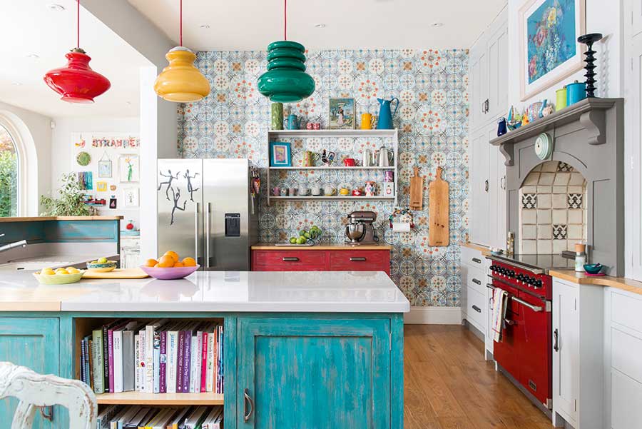colourful kitchen with patterned tiles