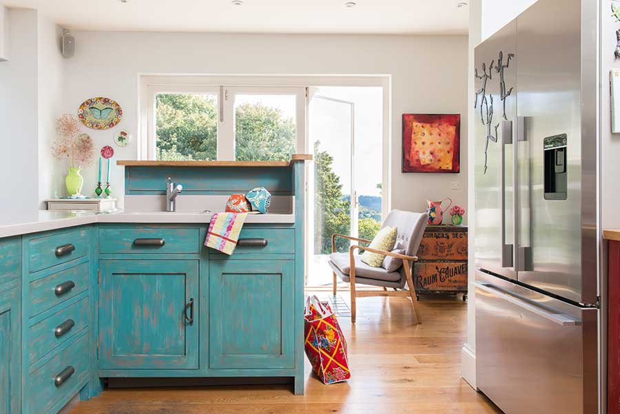 blue kitchen and windows