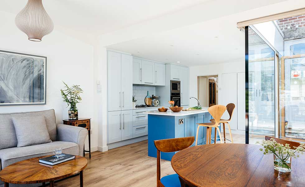 blue island in white kitchen