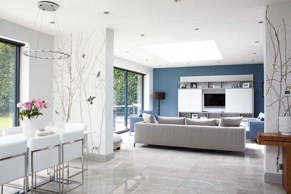 cool blue diniing and living area