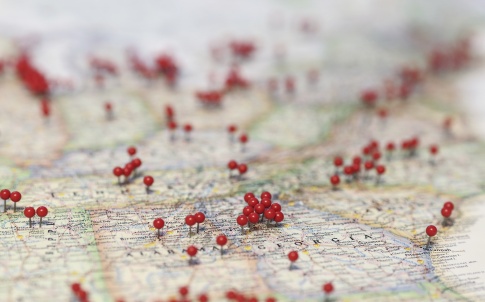Pins in map for locations near Georgia