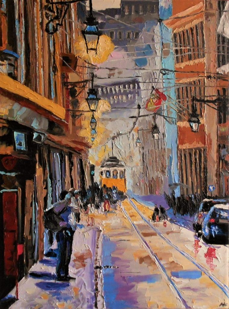 Yellow tram in Lisbon olio su tela 45x60 1