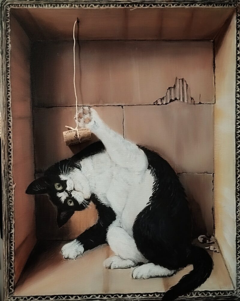 gatto in scatola con tappo...acrilici 40 x 50