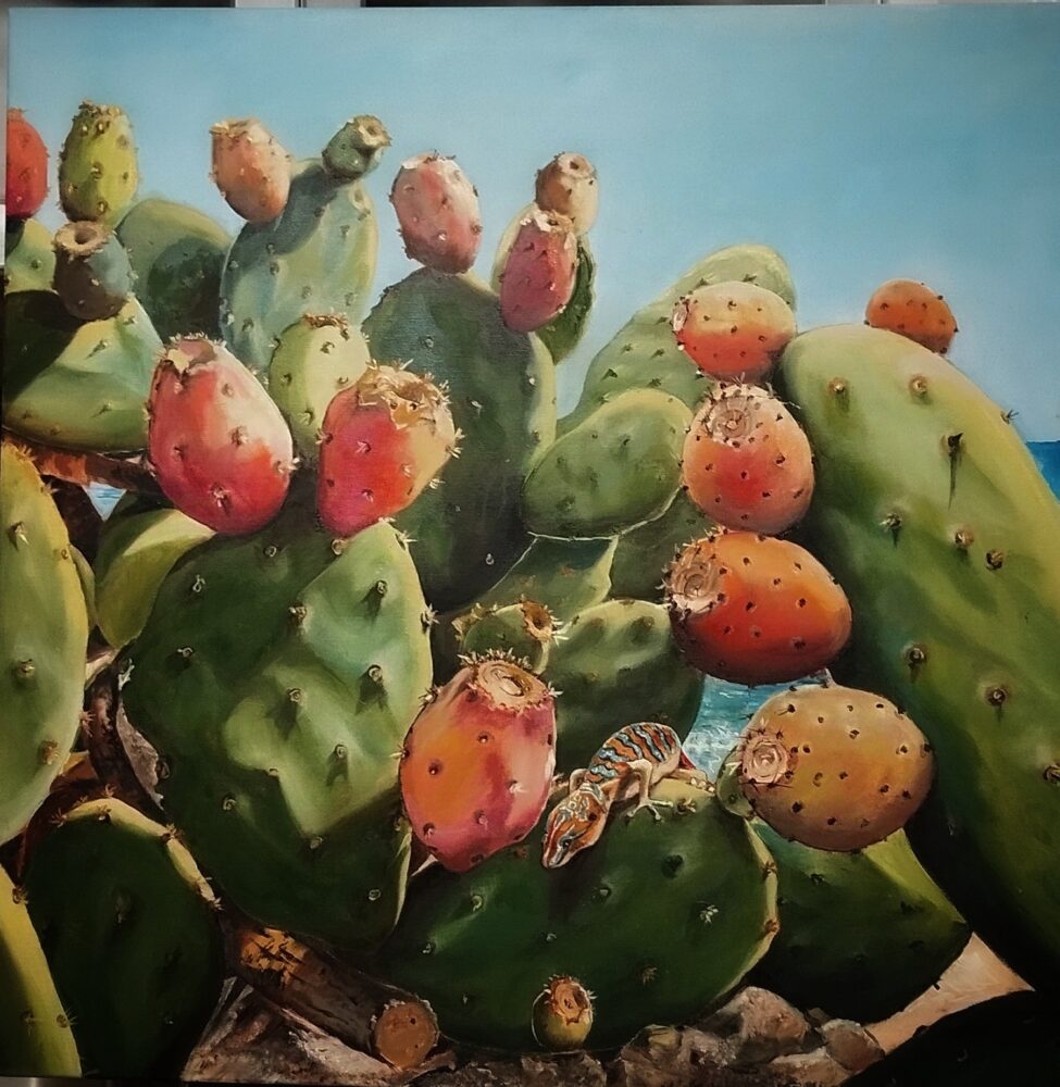 un piccolo Geco fra i fichi d'india olio 70 x 70