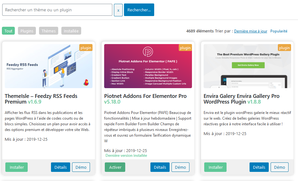 ClubWPress Updater Recherche et filtres