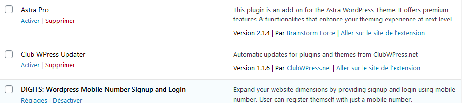 Liste des Extensions installées WordPress