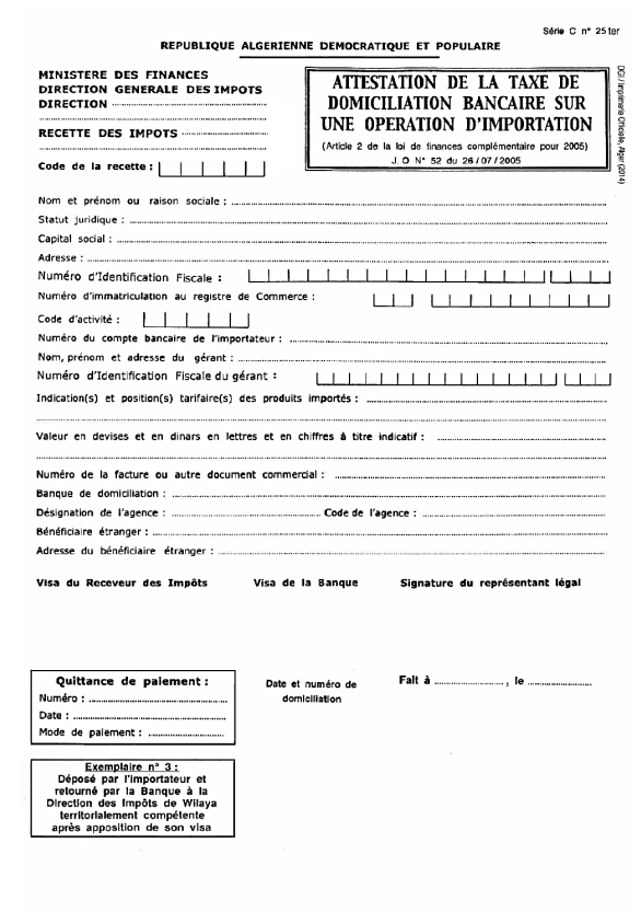 CN° 25 ter retourné par la banque à la DIW compétente
