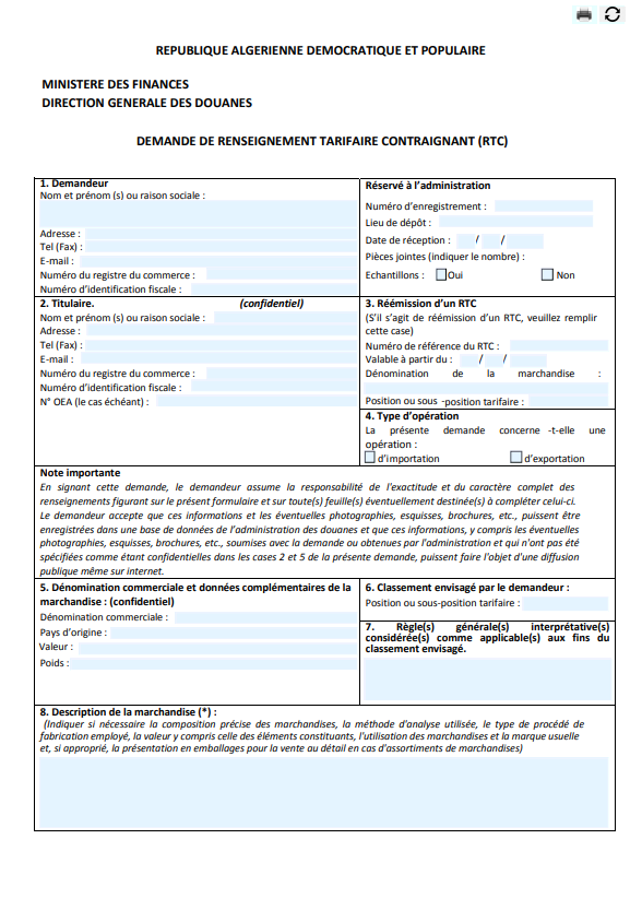 Demande de renseignement tarifaire contraignant (RTC)