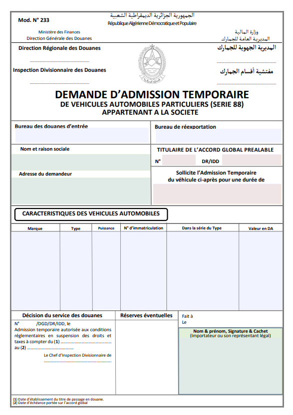 Demande d'admission temporaire de véhicules automobiles particuliers (série 88) appartenant à la société