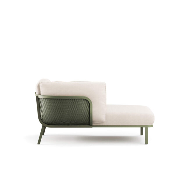Cabla, designed by Lucidi-Pevere, is a modular and assemblable upholstered system conceived to guarantee high compositional freedom. Using just three elements - single linear seat, chaise longue, and armrest - it allows for numerous configurations, adaptable to different spaces and design styles. The Cabla lounge chair with left armrests stands out for its stainless steel metal frame, paired with the comfort of the cushions and the chromatic richness of outdoor fabrics. A perfect balance of design, resistance, and versatility, making the system ideal for marine environments too. The lounge chair can be complemented with a Cabla low table in wire mesh, available in different shapes, sizes, and heights, to offer functional and coordinated solutions.