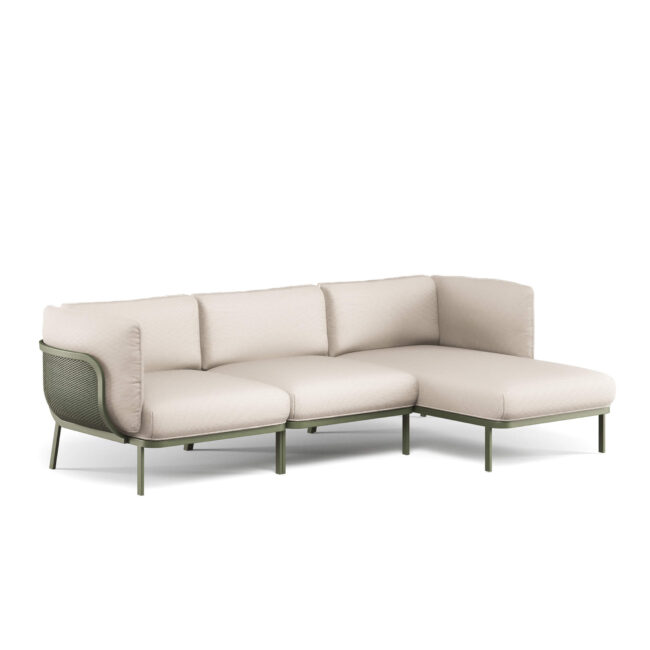 Cabla, designed by Lucidi-Pevere, is a modular and assemblable upholstered system designed to offer high compositional freedom. With just three modules - single linear seat, chaise longue, and armrest - the system allows for numerous configurations, adapting to different space and style needs. The structure of the Cabla 3-seater sofa with daybed features a stainless steel metal frame, a distinctive sign of EMU's historical know-how, which combines with the comfort and chromatic richness of outdoor fabrics. This combination ensures design versatility and resistance, making the sofa ideal for multiple settings, including marine environments. The 3-seater sofa can be complemented with the low tables from the same Cabla collection, made of wire mesh, available in different shapes and heights, designed to offer functional and convivial solutions in outdoor and contract settings.