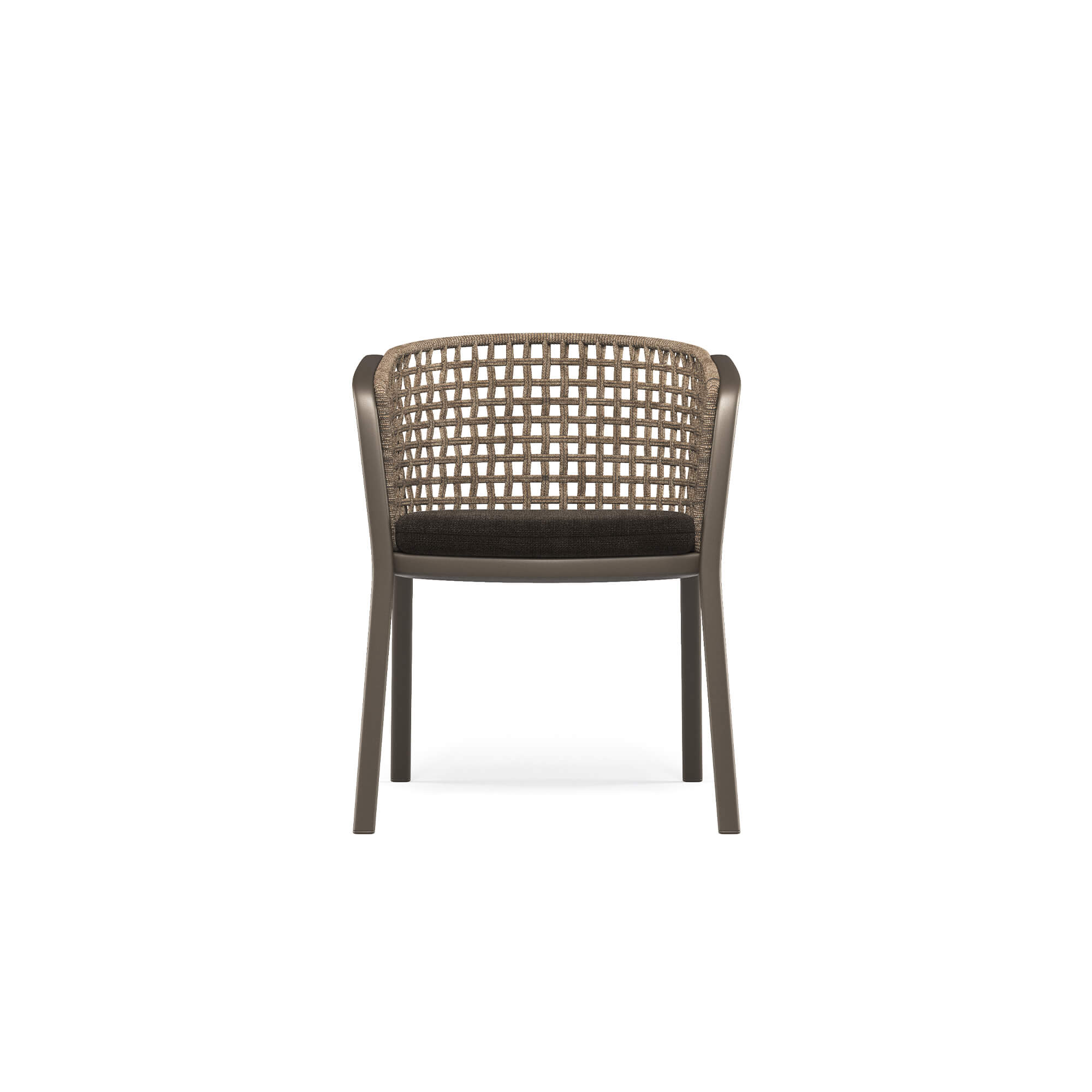 Garden Carousel Armchair made of Aluminium and Synthetic Rope EMU outdoor furnitures The Carousel armchair with square weave is designed to combine contemporary design and high performance, making it ideal for quality outdoor furniture projects. The trestle structure in aluminum tubing ensures lightness, solidity, and long-lasting durability, characteristics that make it perfect for outdoor use. The seat, made of die-cast aluminum alloy, is worked to achieve an essential and elegant shape and is fixed to the structure via TIG structural welding, a technology that guarantees maximum resistance, long-term reliability, and a high aesthetic standard. The steel backrest structure supports the square weave of high-quality synthetic rope, a distinctive design element. For superior comfort, the Carousel armchair can be completed with a padded cushion covered in a wide selection of outdoor fabrics, designed to resist weather conditions. All materials used ensure high resistance, color stability, and water repellency, making the product particularly suitable for marine environments, outdoor spaces, and extreme weather conditions.