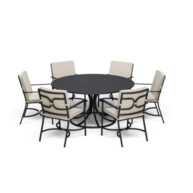 The Collier 6/7-seater round table, designed by LCM Marin Design Studio, features a circular steel base with adjustable feet for greater stability and to adapt to uneven surfaces. The large round top, made of hot-galvanized solid steel sheet with a folded edge, ensures maximum comfort and support in use. Its soft and welcoming shape makes the table an expression of comfort, and every line a harmonious balance between aesthetics and functionality.