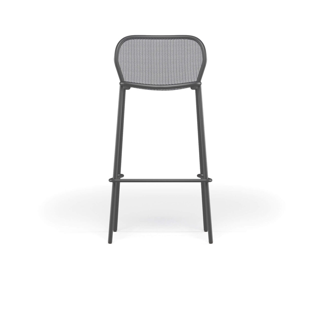 Garden Darwin Barstool made of Steel EMU outdoor furnitures The ergonomic proportions and lightness of the design ensure that the Darwin barstool offers comfort and versatility, making it suitable for both private and contract environments. Made of steel, the barstool recalls classic suggestions reinterpreted in a contemporary key through a refined stretched metal texture, inserted into a steel tubular structure with modern geometries. The texture of the seat and back represents the distinctive element of the entire Darwin collection, harmoniously integrating with the structural lines.