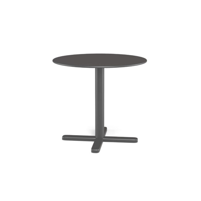 The Darwin table with an 80 cm diameter foldable top combines elegance and functionality in a light and essential design, capable of reinterpreting classic suggestions with sophistication in a contemporary key. The hot-galvanized steel sheet top guarantees resistance and ease of cleaning, adding character to the environment. The compact and solid cross-base ensures maximum stability with a minimal footprint, while the aluminum die-cast hinge allows the top to be easily folded, turning the table into a practical space-saving solution. The adjustable foot pads complete the structure, ensuring stability on any surface, even the most irregular ones. Available in a wide range of colors, Darwin adapts with style and versatility to every context, from domestic living rooms to refined contract spaces.
