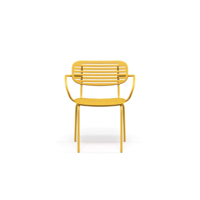 Vibrant, colorful, and with a contemporary vibe, the Mom armchair, designed by Florent Coirier, celebrates lightness and freshness in every environment. Made from stamped and hot-galvanized steel sheet, it resists weather conditions with style, becoming perfect for outdoor and indoor spaces. The soft and enveloping shapes of the seat and backrest ensure immediate comfort, while the elegant graphic motif of the backrest visually lightens the structure, making it dynamic and refined. The backrest, fixed to the frame with stainless steel rivets, combines safety and durability, protecting against rust and corrosion. The versatile color palette gives Mom a young, fresh, and ironic soul, while for the indoor version, a soft padded cushion for the seat and backrest, fixed with practical elastics, adds comfort without compromising the style. Mom is an armchair capable of giving personality and vitality to every environment, making every convivial moment lighter, more enjoyable, and refined.