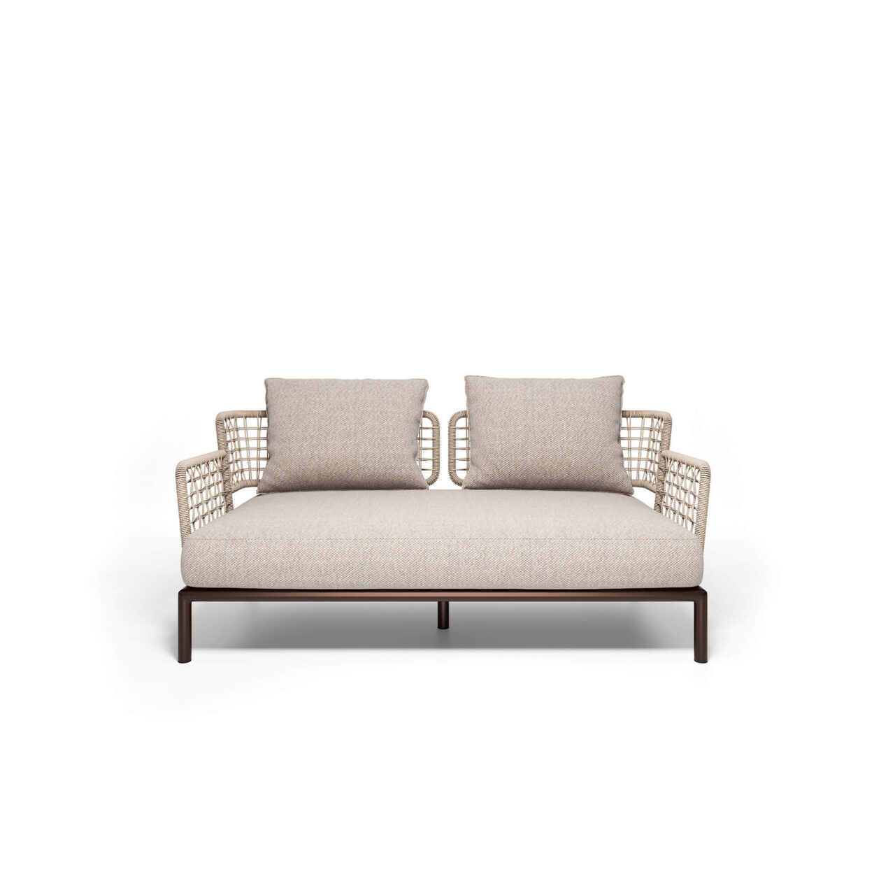 Garden Saint Martin 2-seater weaving sofa made of Steel and Wicker EMU outdoor furnitures The Saint Martin 2-seater sofa, designed by Marco Acerbis, is the perfect expression of flexibility, elegance, and comfort. Its strength lies in its versatility: the steel base, an emblem of the EMU DNA, is repeated in all the elements of the collection, allowing for always new and harmonious combinations. The perimeter structure, wrapped in a refined wicker rope weave, gives visual lightness and a touch of great elegance, while the comfortable padded cushions for seating and backrest, available in various fabrics, invite relaxation and offer immediate comfort. Saint Martin transforms every outdoor space into a refined, versatile, and welcoming environment, where design, functionality, and harmony meet, making every outdoor moment an experience of pure pleasure and style.