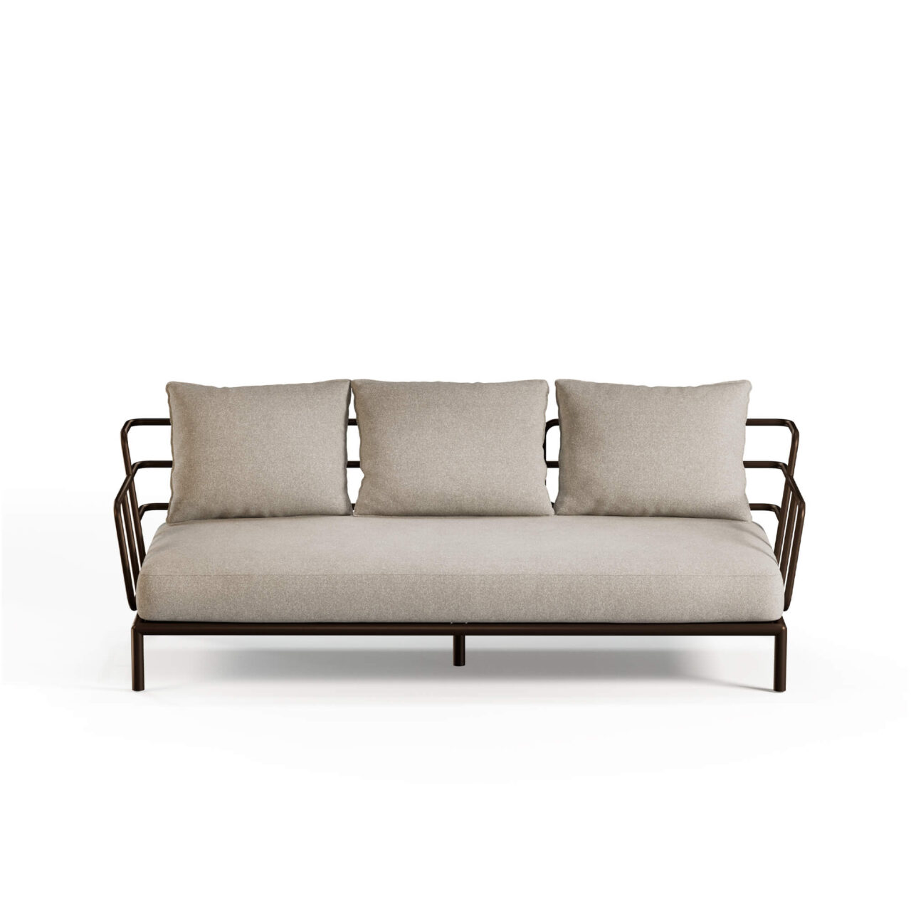 Garden Saint Martin 3-seater sofa made of Steel EMU outdoor furnitures The Saint Martin 3-seater sofa, designed by Marco Acerbis, combines elegance, comfort, and maximum flexibility. Its strong point is its versatility: the steel base, an emblem of the EMU DNA, is harmoniously repeated in all the elements of the collection, creating always new and linear but cozy configurations. Comfortable padded cushions for seating and backrest, available in various fabrics, complete the sofa, offering immediate comfort and inviting relaxation. Saint Martin transforms every outdoor space into a refined, versatile, and harmonious environment, where design, functionality, and hospitality merge in perfect harmony, making every outdoor moment a stylish and pleasurable experience.