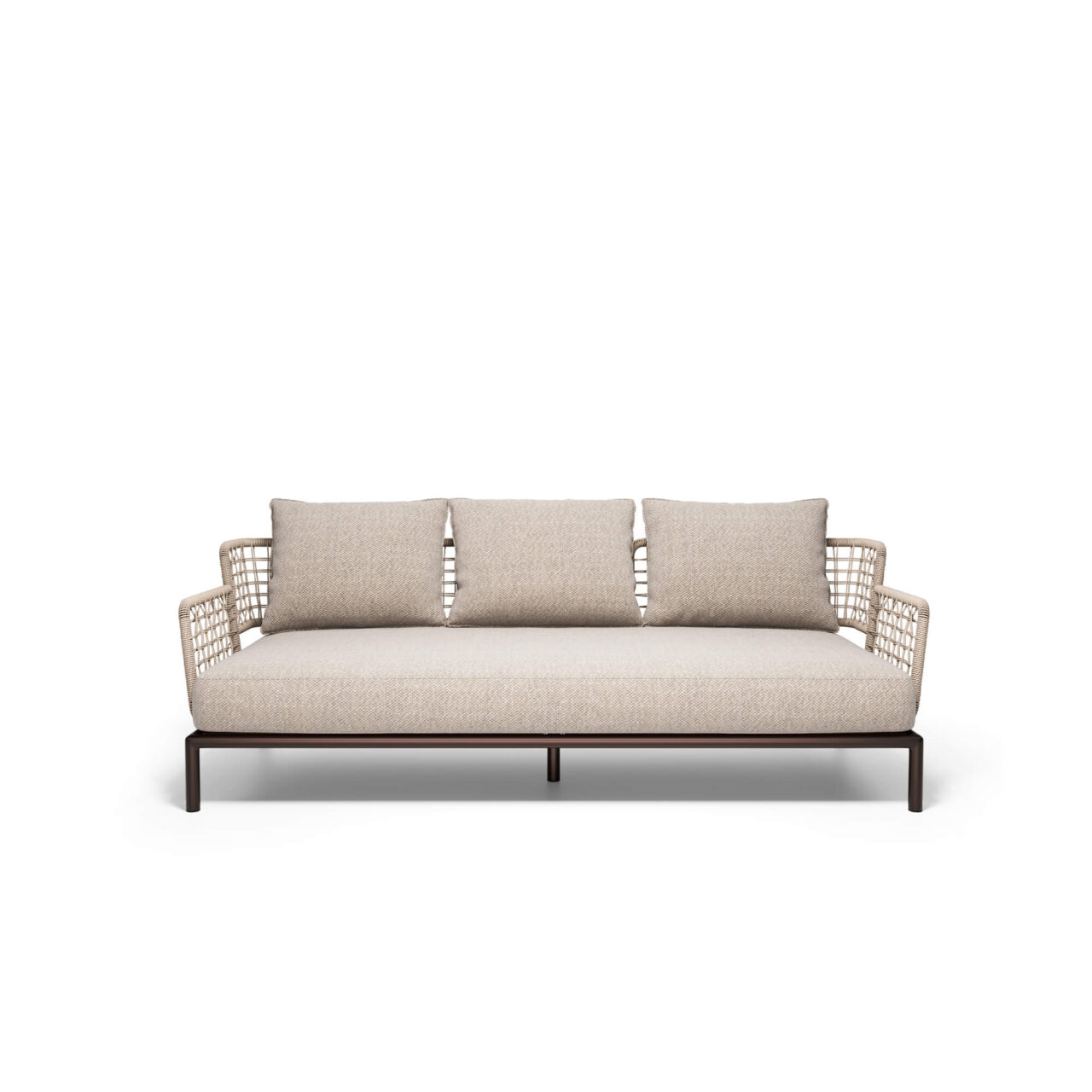 Garden Saint Martin 3-seater weaving sofa made of Steel and Wicker EMU outdoor furnitures The Saint Martin 3-seater sofa, designed by Marco Acerbis, is an invitation to live the outdoors with style, elegance, and comfort without compromise. Its strength lies in its versatility: the steel base, a symbol of the EMU DNA, is harmoniously repeated in all the elements of the collection, allowing for always new and customized configurations. The perimeter structure, wrapped in a refined wicker rope weave, gives visual lightness and a discreet elegance that captures the eye. The soft padded cushions for seating and backrest, available in various fabrics, invite you to let go, transforming every moment of relaxation into an experience of true pleasure. Saint Martin transforms your outdoor space into a refined and welcoming refuge, where design, harmony, and functionality merge, creating warm and timeless atmospheres, perfect for living every outdoor moment with lightness and style.