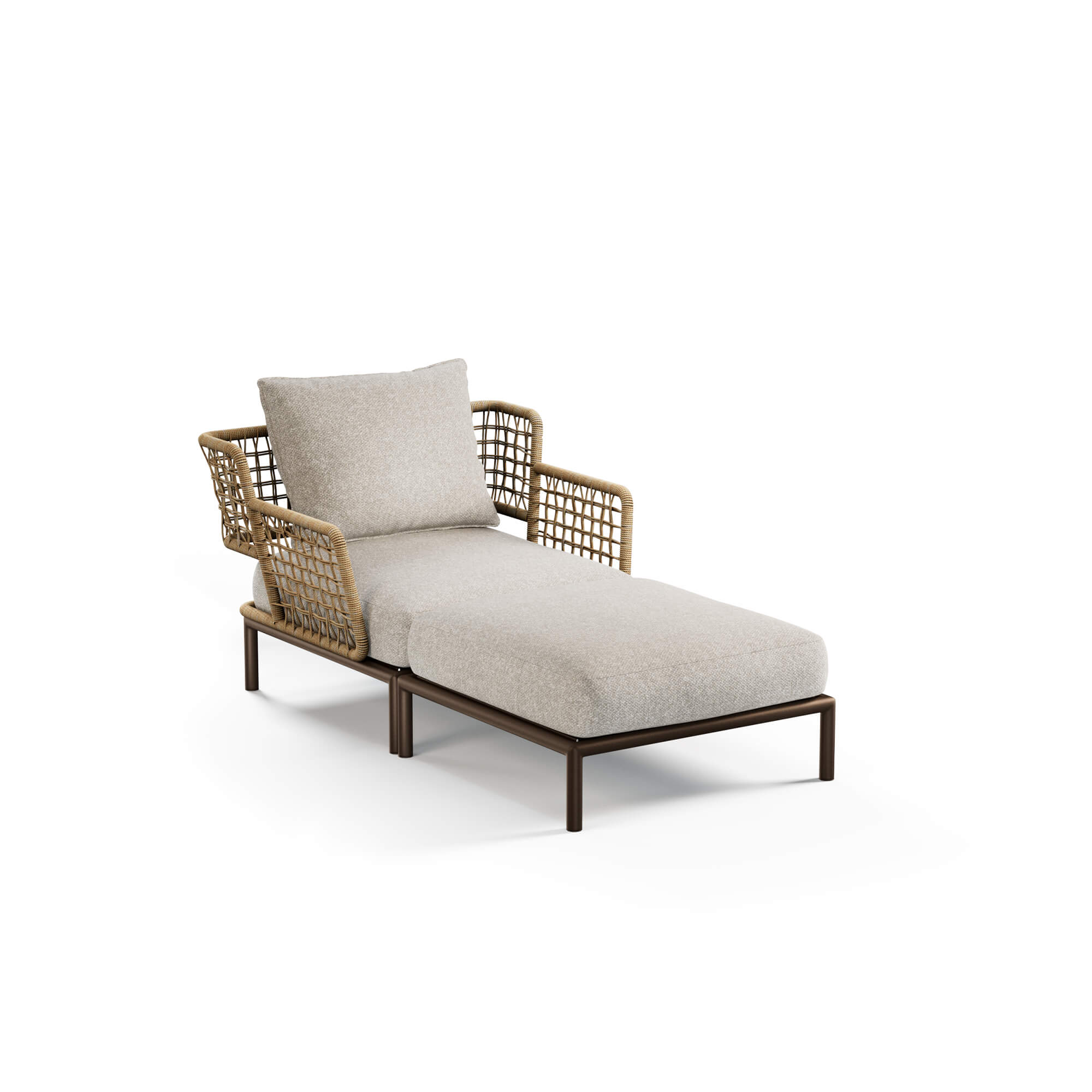 Garden Saint Martin weaving Daybed made of Steel and Wicker EMU outdoor furnitures The Saint Martin weave daybed, designed by Marco Acerbis, is born from the harmonious union of the single-seater sofa and pouffe from the same collection, becoming an invitation to live the outdoors with style, elegance, and comfort without compromise. The solid steel structure and base, an emblem of the EMU DNA, guarantee robustness and versatility, while the soft seating and backrest cushions, padded and available in various fabrics, wrap the body in immediate comfort, transforming every break into a moment of pure pleasure. The perimeter structure, enhanced by a refined wicker rope weave, gives visual lightness and a discreet elegance that captures the eye, conferring a sophisticated and welcoming character to the daybed. Saint Martin transforms every outdoor space into an elegant and harmonious refuge, where design, comfort, and functionality meet, creating warm, refined, and timeless atmospheres, perfect for enjoying every outdoor moment with style and lightness.