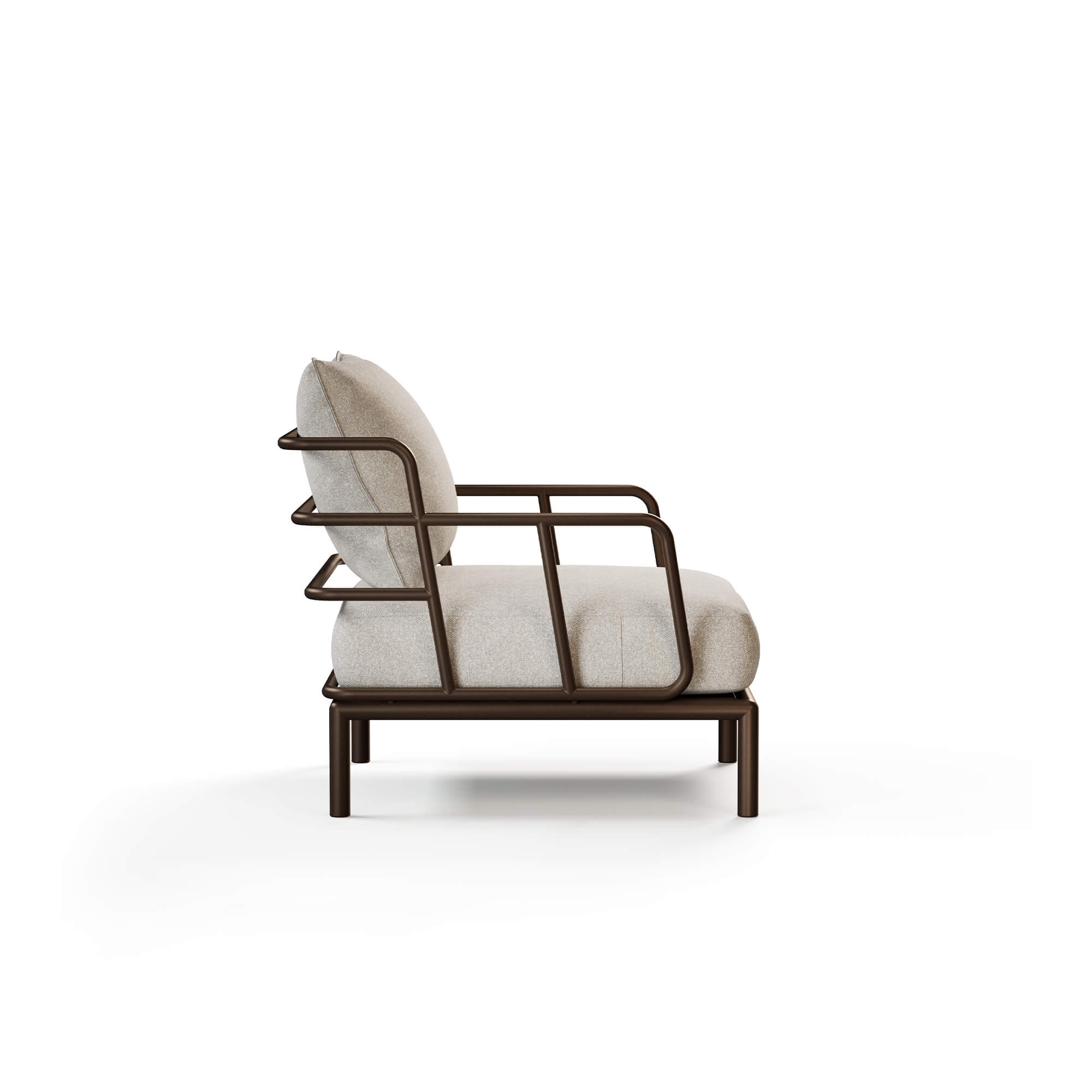 Saint Martin 1-seater sofa made of steel The Saint Martin 1-seater sofa, designed by Marco Acerbis, combines flexibility, elegance, and comfort. Its main feature is its versatility thanks to its steel base, an expression of the EMU DNA, which is repeated in all the elements of the collection. Comfortable padded cushions, available for seating and backrest, covered in various fabrics, complete the collection, offering immediate comfort and inviting relaxation moments. Saint Martin transforms every outdoor environment into an elegant, versatile, and harmonious place, where design, functionality, and hospitality merge in perfect harmony.