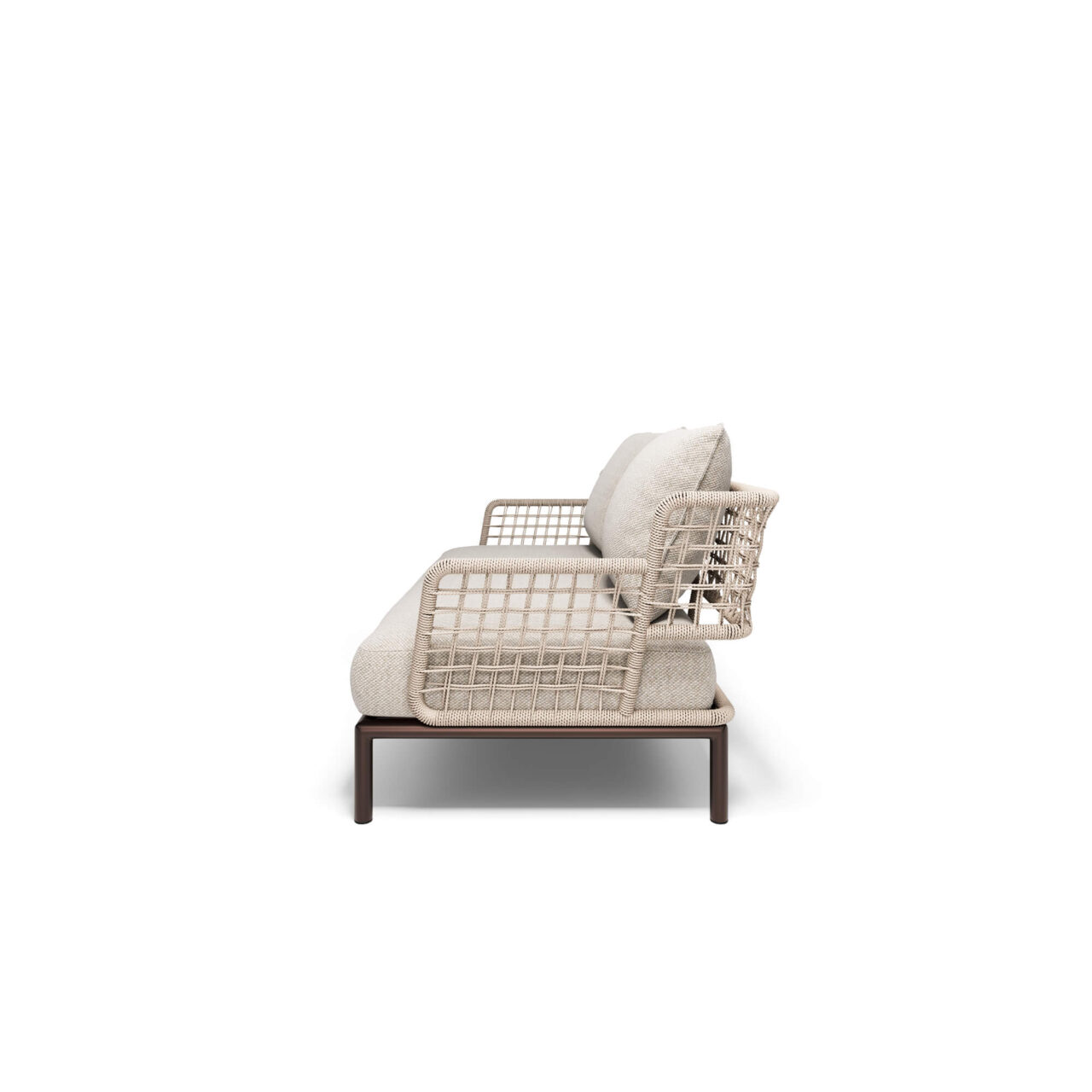 Saint Martin 2-seater sofa made of steel and weaving in wicker The Saint Martin 2-seater sofa, designed by Marco Acerbis, is the perfect expression of flexibility, elegance, and comfort. Its strength lies in its versatility: the steel base, an emblem of the EMU DNA, is repeated in all the elements of the collection, allowing for always new and harmonious combinations. The perimeter structure, wrapped in a refined wicker rope weave, gives visual lightness and a touch of great elegance, while the comfortable padded cushions for seating and backrest, available in various fabrics, invite relaxation and offer immediate comfort. Saint Martin transforms every outdoor space into a refined, versatile, and welcoming environment, where design, functionality, and harmony meet, making every outdoor moment an experience of pure pleasure and style.