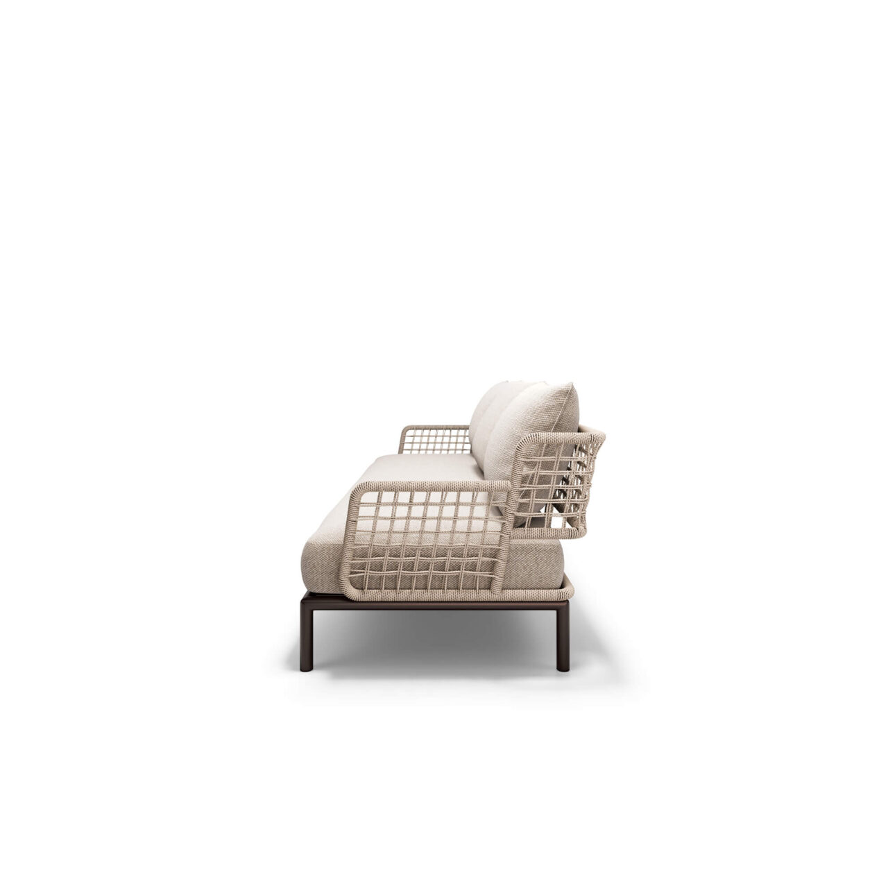Saint Martin 3-seater sofa made of steel and weaving in wicker The Saint Martin 3-seater sofa, designed by Marco Acerbis, is an invitation to live the outdoors with style, elegance, and comfort without compromise. Its strength lies in its versatility: the steel base, a symbol of the EMU DNA, is harmoniously repeated in all the elements of the collection, allowing for always new and customized configurations. The perimeter structure, wrapped in a refined wicker rope weave, gives visual lightness and a discreet elegance that captures the eye. The soft padded cushions for seating and backrest, available in various fabrics, invite you to let go, transforming every moment of relaxation into an experience of true pleasure. Saint Martin transforms your outdoor space into a refined and welcoming refuge, where design, harmony, and functionality merge, creating warm and timeless atmospheres, perfect for living every outdoor moment with lightness and style.