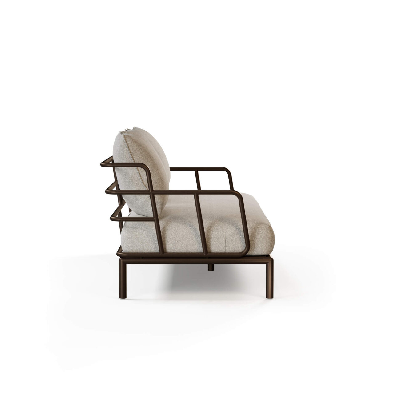 Saint Martin 3-seater sofa made of steel The Saint Martin 3-seater sofa, designed by Marco Acerbis, combines elegance, comfort, and maximum flexibility. Its strong point is its versatility: the steel base, an emblem of the EMU DNA, is harmoniously repeated in all the elements of the collection, creating always new and linear but cozy configurations. Comfortable padded cushions for seating and backrest, available in various fabrics, complete the sofa, offering immediate comfort and inviting relaxation. Saint Martin transforms every outdoor space into a refined, versatile, and harmonious environment, where design, functionality, and hospitality merge in perfect harmony, making every outdoor moment a stylish and pleasurable experience.