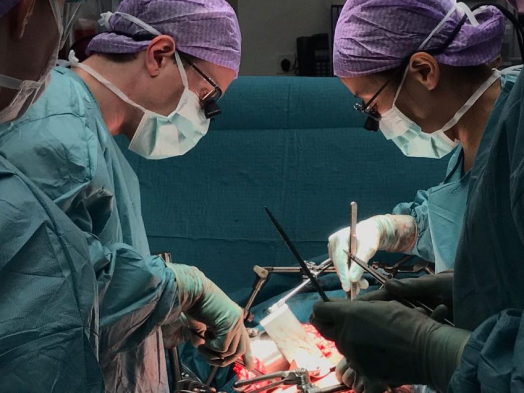 Transplant surgeons performing a liver transplant.