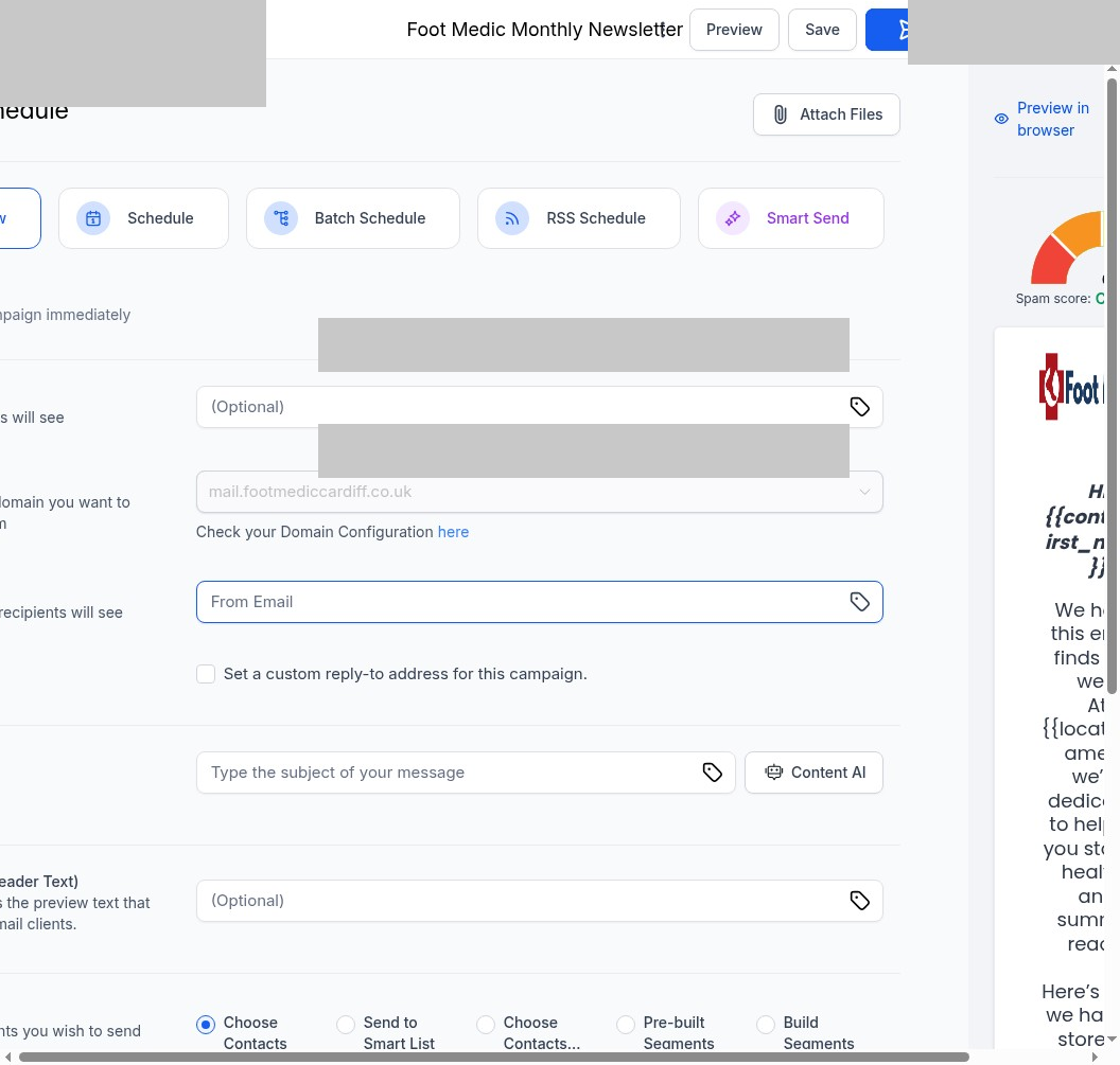 Send and Schedule Page