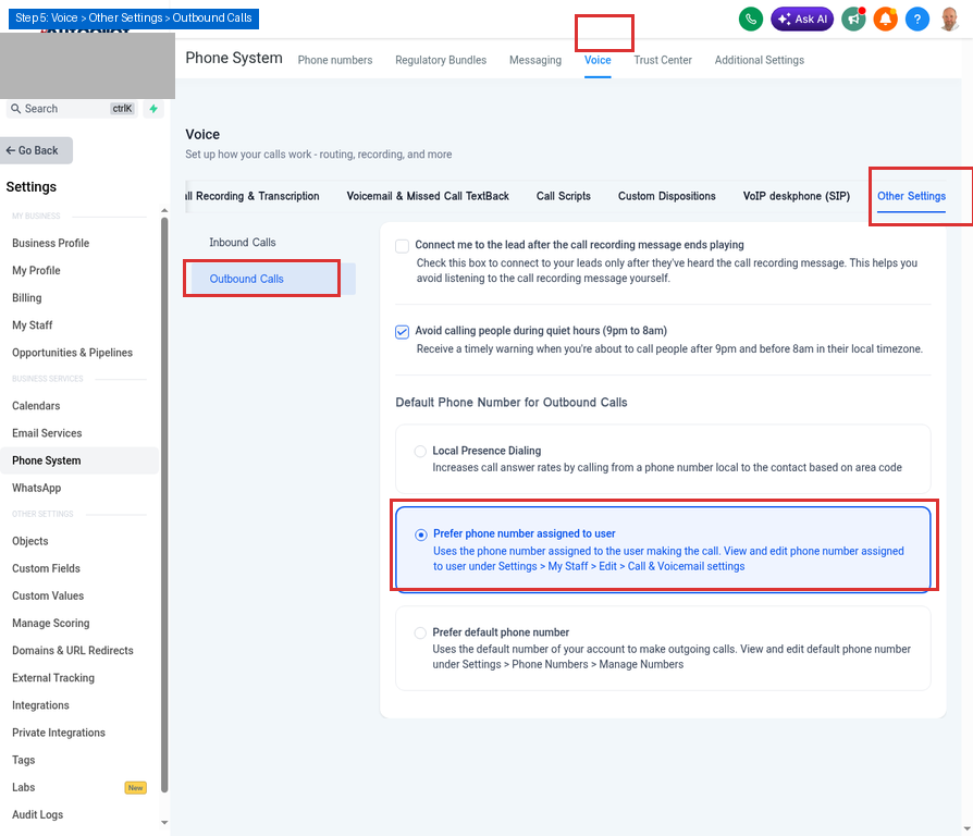 Step 5: Outbound Calls Settings