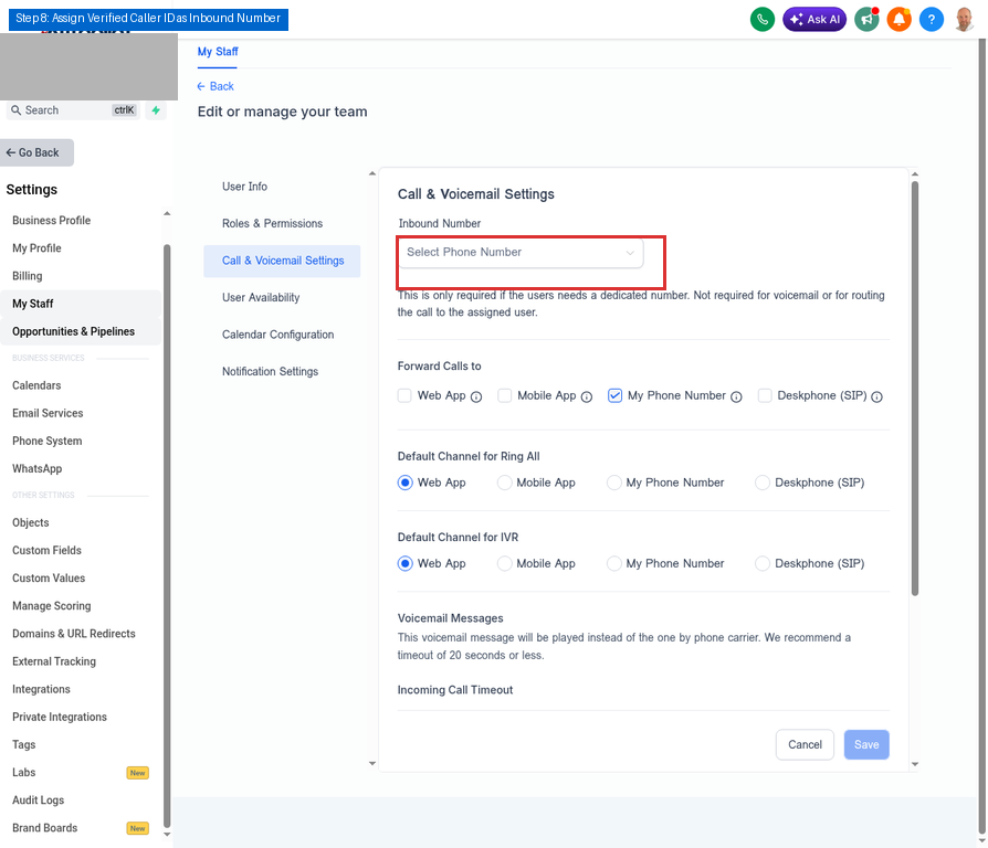 Step 8: Call & Voicemail Settings