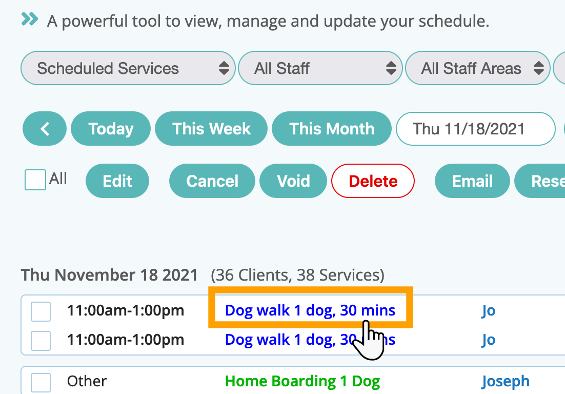 Editing Service Activity from the Schedule in Cat Sitting Software