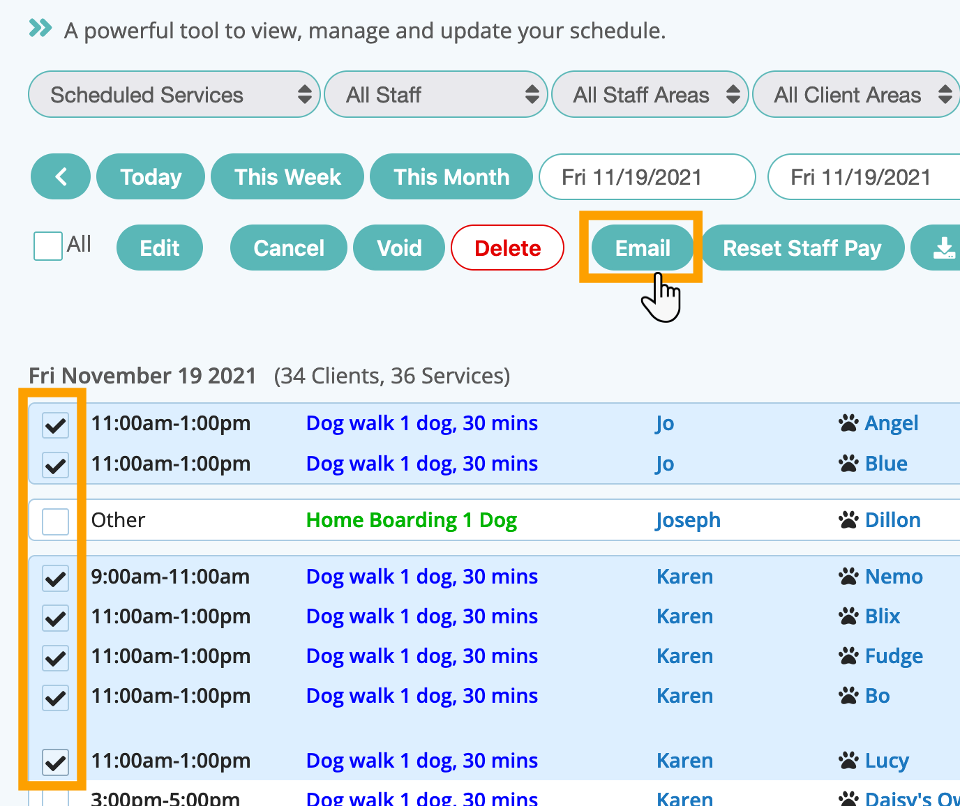 Email Clients Direct from The Schedule in Dog Daycare Software