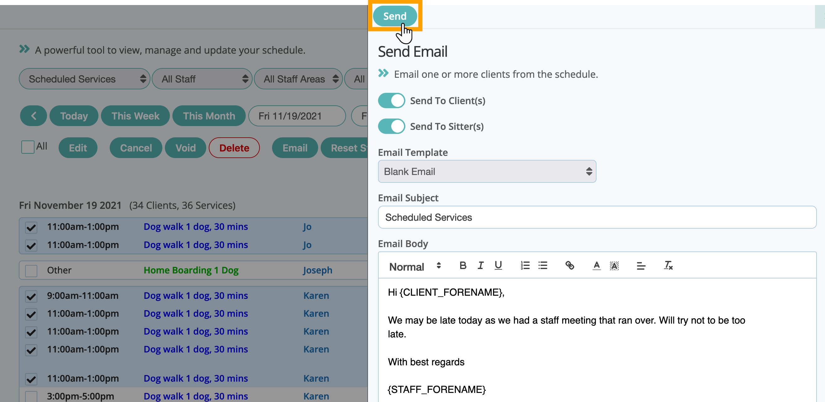 Select Email Template to Send to Client Direct from The Schedule in Dog Daycare Software