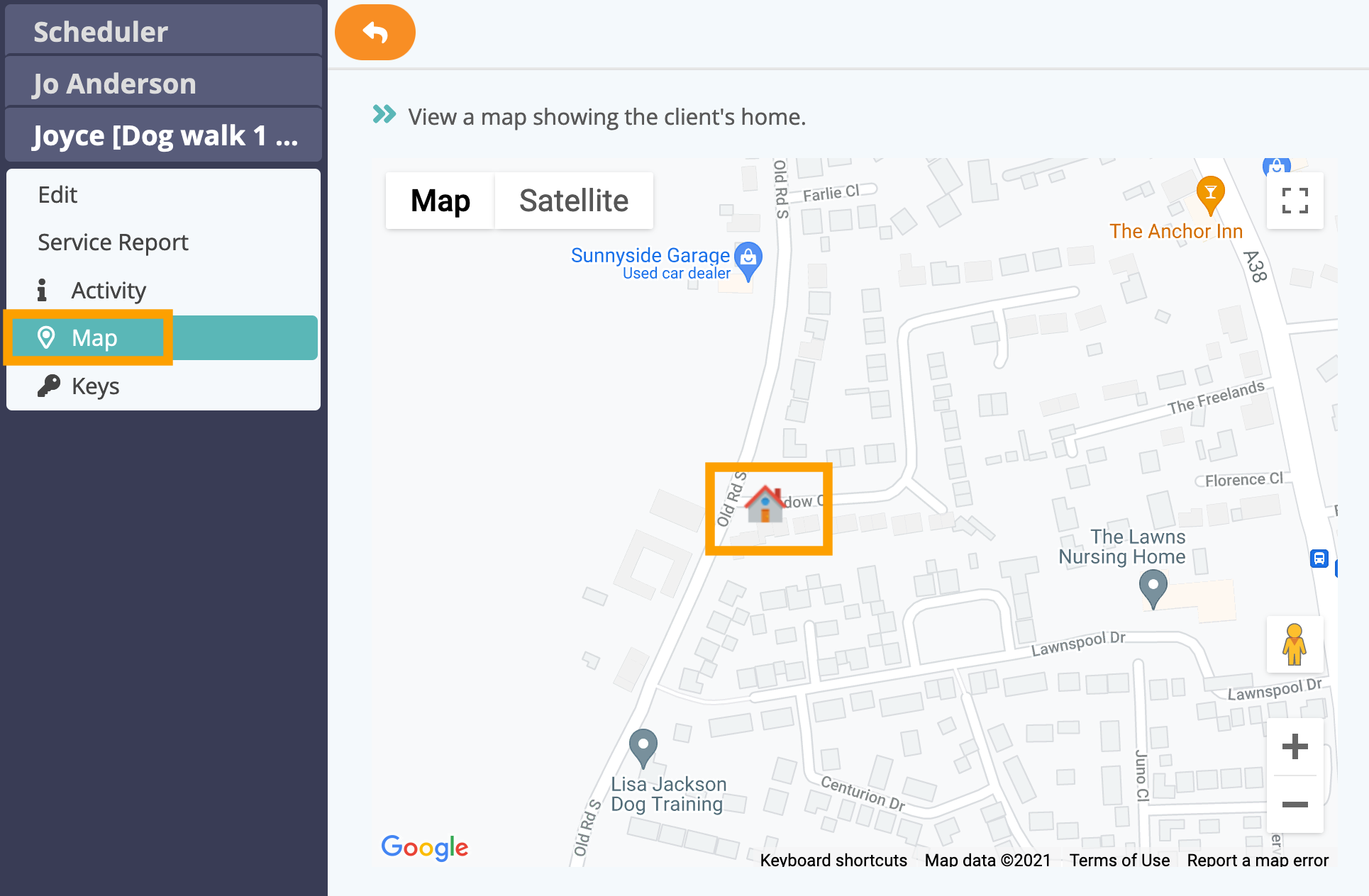 View the client map from the schedule in dog walker software