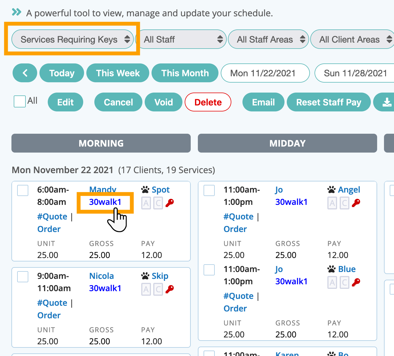 See which keys are required by staff during the next week in dog walker software