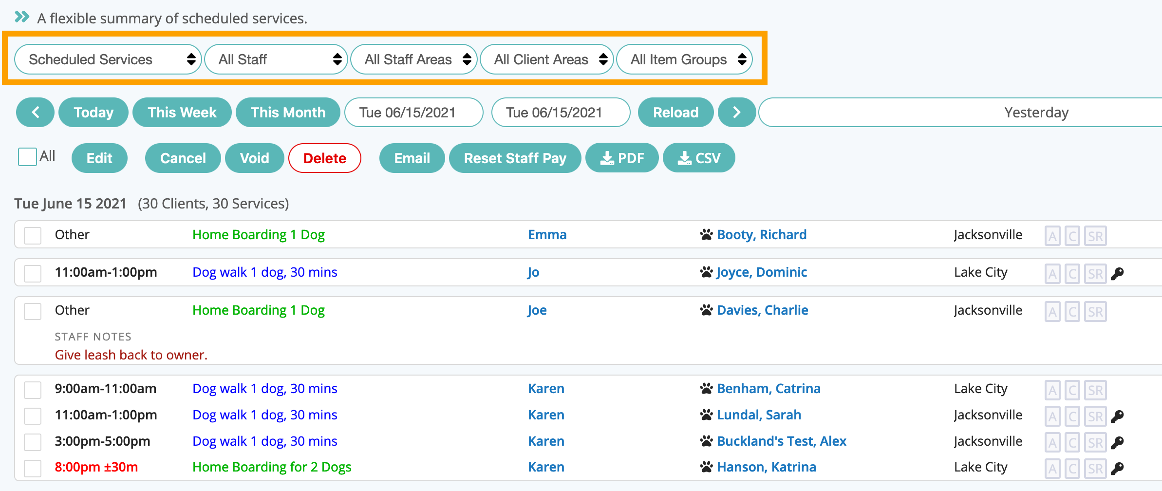 Filter your schedule to see it in List view for dog walker software